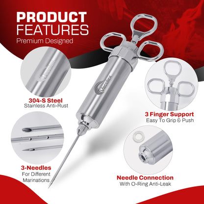 Vecolex 304 Stainless Steel Meat Injector Syringe-2 Oz Turkey Injector for Smoking with 3 Needles 3 Brushes-Spare O Rings-Food Injector for BBQ,Turkey & Brisket (Stainless Steel)