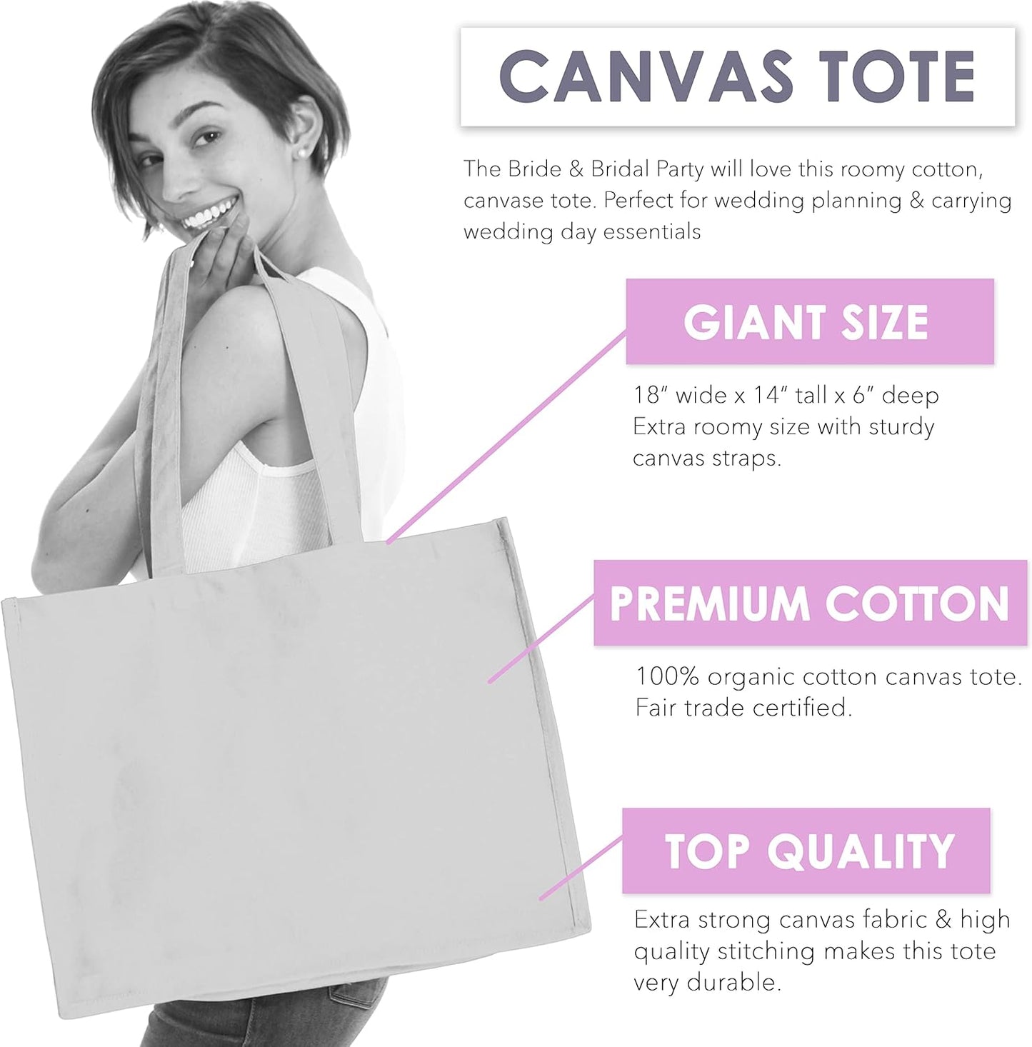 Giant Canvas Bride Tote Bag - 18" x 14" Diamond Motif Rhinestone Totes for Bridal Shower Gifts and Wedding Accessories