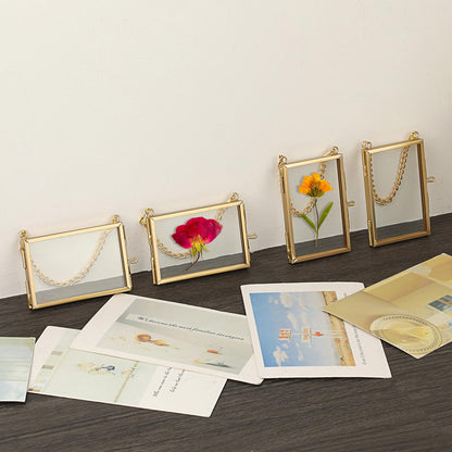 JUXYES 8 Pack Mini Brass Floating Frames Ornaments With Hanging Chain - Double Glass Tiny Picture Display Frame - Gold Wallet Size Floater Style Gallery Wall Frame for Pressed Flowers, 2x3 Inches