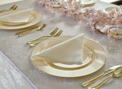 OCCASIONS 40 Pack Disposable Plastic Charger Plates 12 Inch, Heavy Duty Bulk Chargers for Dinner Plates, Wedding Party, Fancy Dinnerware, Recyclable BPA Free (Ivory & Gold Rim)