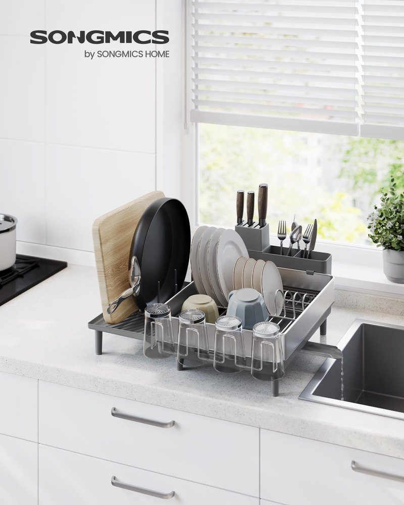 SONGMICS Large Dish Drying Rack, Expandable Dish Dryer for Kitchen Counter, Stainless Steel Dish Rack with Rotatable Spout, Utensil, Cup, Glass, Cutting Board, Pan Holders, Silver and Gray UKCS037G01