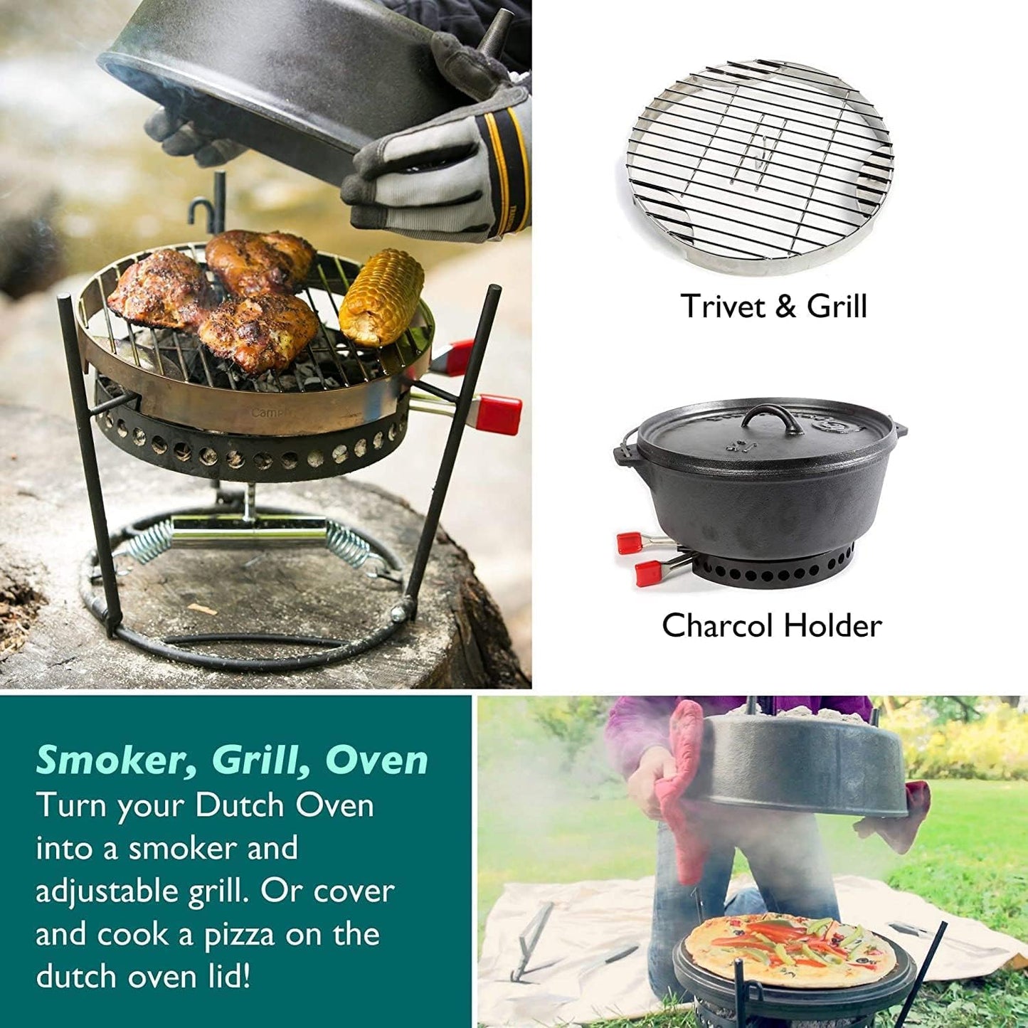 CampMaid Outdoor Cooking Set - Dutch Oven and Tools Set - Charcoal Holder & Cast Iron Grill Accessories - Camping Grill Set - Outdoor Cooking Essentials - Camp Kitchen Equipment - (6 Piece Set)
