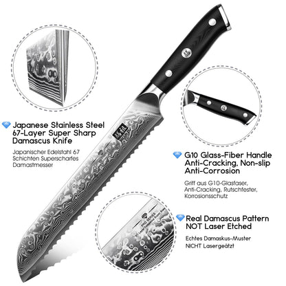 SHAN ZU Bread Knife 8 Inch Japanese Steel Damascus Serrated Knife Wave Edge, Professional Sharp 10Cr15Mov High Carbon Super Steel Cake Knife Bread Cutter with G10 Handle