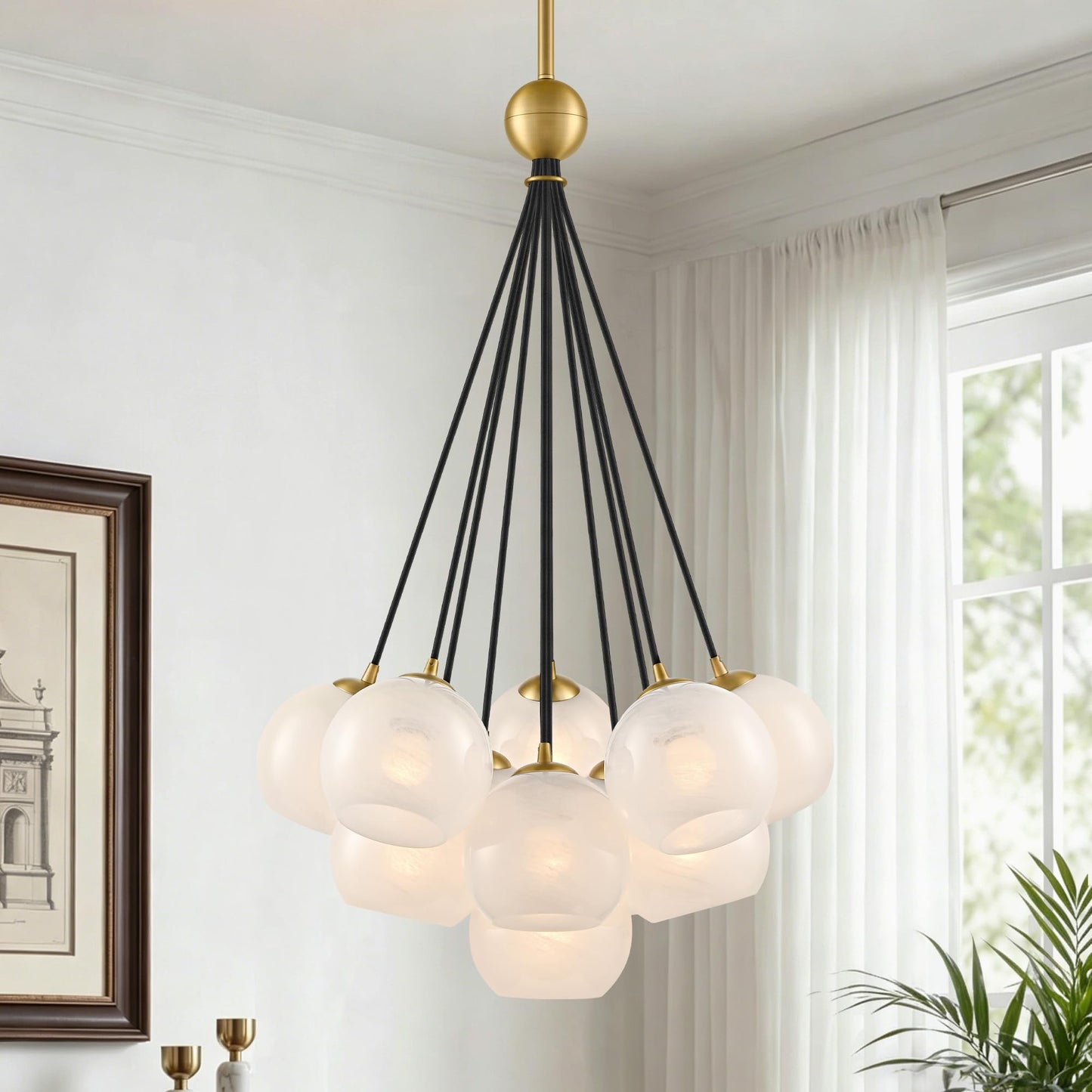 Caiselee 11-Light Brushed Gold Bubble Chandeliers, Mid Century Modern Chandelier with Cloud Texture Globe, Milk Glass Pendant Light Fixture for Dining Room Foyer Entryway Living Room, ETL Certified