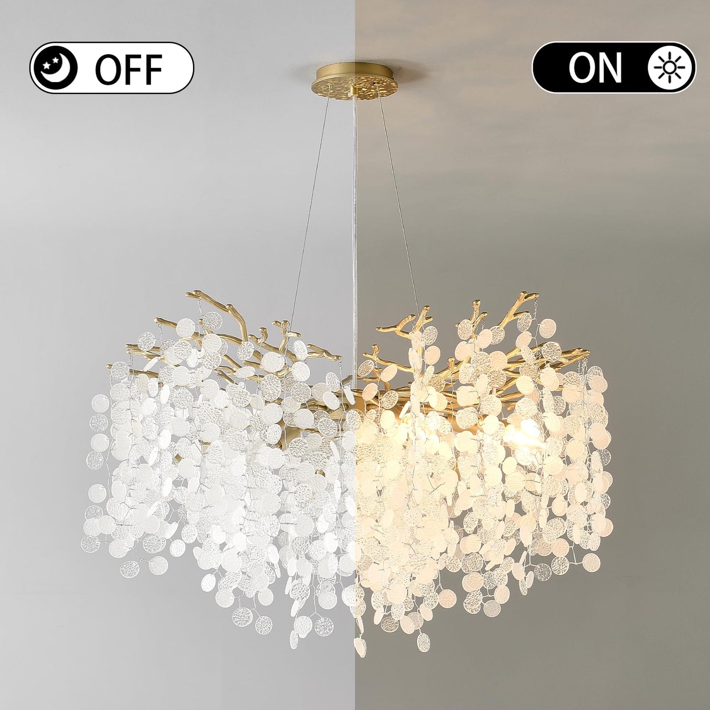 VBKK 32 Inch Gold Crystal Chandelier, 10-Light Coastal Chandeliers for Dining Room, Large Modern Tree Branch Light Fixtures, Seashell Chandelier for Entryway Foyer Bathroom Living Room, E12