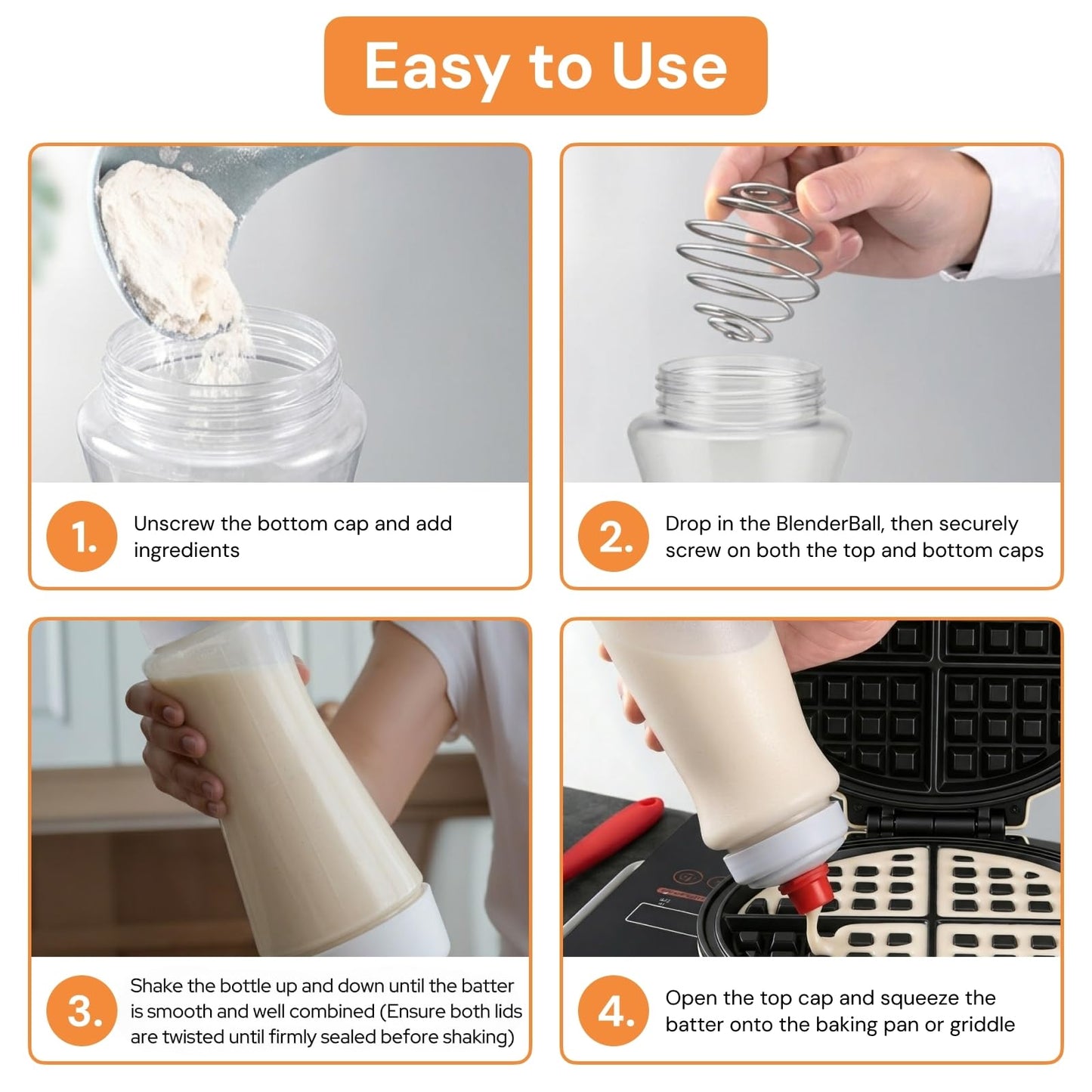 One Pack Pancake Batter Dispenser with BlenderBall and Wire Whisk, 33 Oz Silicone Squeeze Pancake Mix Dispenser, Kitchen Pancake Batter Dispenser Bottle for Waffle Cupcakes Muffins Crepes Qatayef