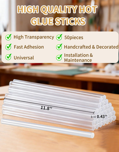 SUNFATT Hot Glue Sticks Full Size,(50 Pcs) 11.8" x 0.43" Large Hot Glue Sticks Perfect for Hot Glue Gun,Easily Create and Bond Crafts on Wood,Plastic,Glass,Flowers,Fabrics,Foam,Jewellery.