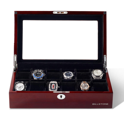 BILLSTONE Heritage 12 Wooden Watch Box – 12 Slot Watch Organizer, High-Polish Bubinga Wood with Black Velvet Interior