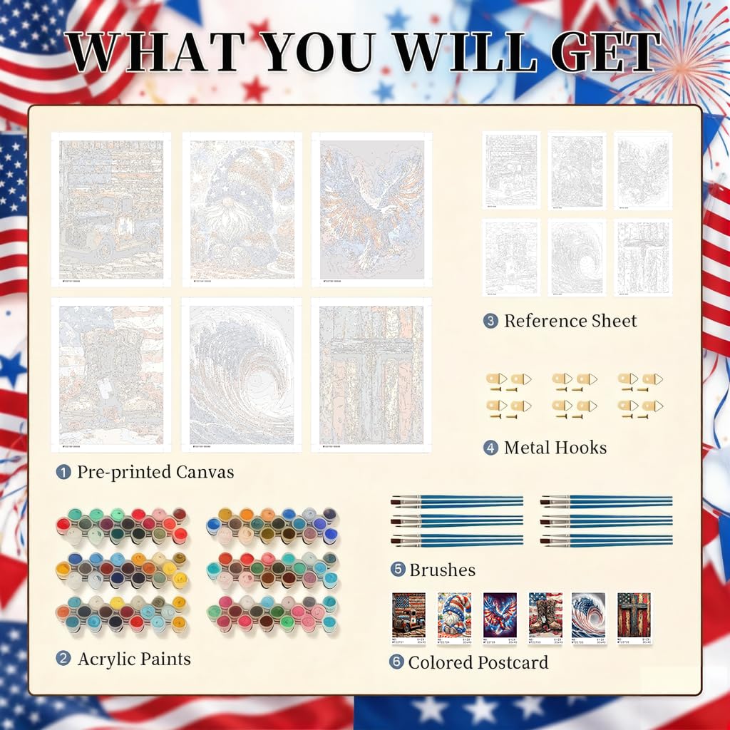 KYOQFVN 6 Pack Independence Day Paint by Numbers Kit for Adults - 4 of July Patriotic Adult Paint by Number Kits on Canvas, DIY Acrylic Oil Numbers Painting Kits for Home Decor 12 x 16 inches