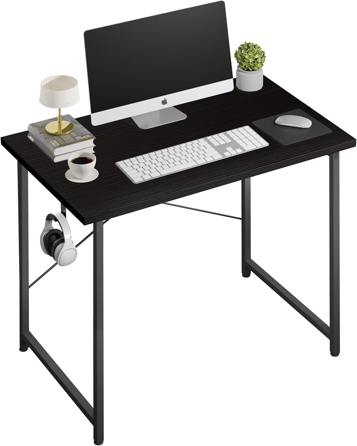 YSSOA 32 Inch Black Computer Desk, Modern Simple Home Office Work Study Writing Table with Headphone Hooks