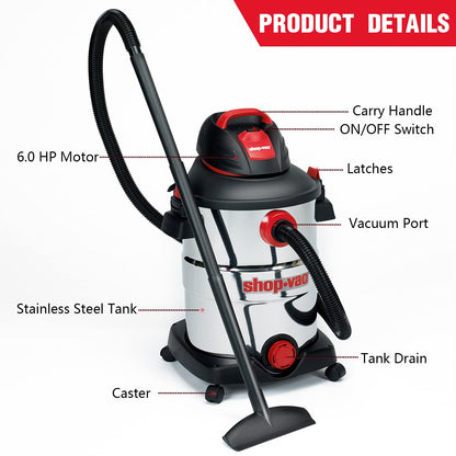 Shop-Vac 5926211 12 Gallon 6.0 Peak HP Wet/Dry Vacuum + 90585 Foam Sleeve Filter 5 Pack