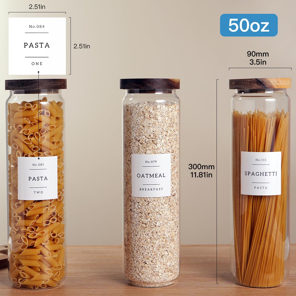 CZZGSM 3 Set Glass Pantry Storage Jars with Acacia Airtight Lid - 50oz Thicken Glass Kitchen Canisters with 132 Pantry Labels - Tall Food Storage Containers with Wood Lid for Pasta,Spaghetti,Cereal