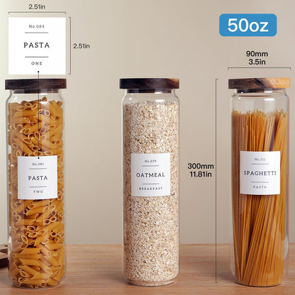 CZZGSM 3 Set Glass Pantry Storage Jars with Acacia Airtight Lid - 50oz Thicken Glass Kitchen Canisters with 132 Pantry Labels - Tall Food Storage Containers with Wood Lid for Pasta,Spaghetti,Cereal