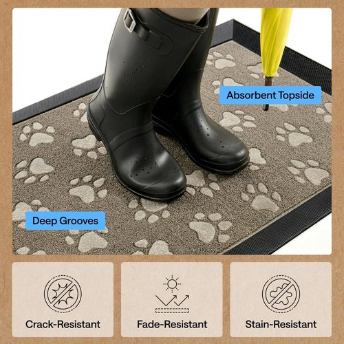 GORILLA GRIP Waterproof All-Season WeatherMAX Doormat - 35x23, Natural Rubber, Stain & Fade Resistant, Easy Clean, Tan Pawprints