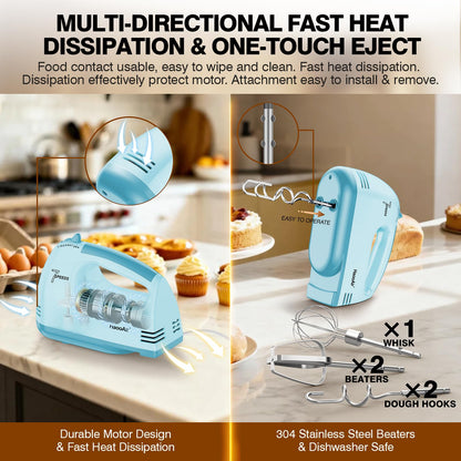 HaooAir Electric Handheld Mixer, 7-Speed Adjustable Kitchen Mixer, 5 Stainless Steel Accessories (2 * Dough Hooks, 2 * Beaters, 1 * Whisk), Perfect for Kitchen and Baking Food Mixers, Blue