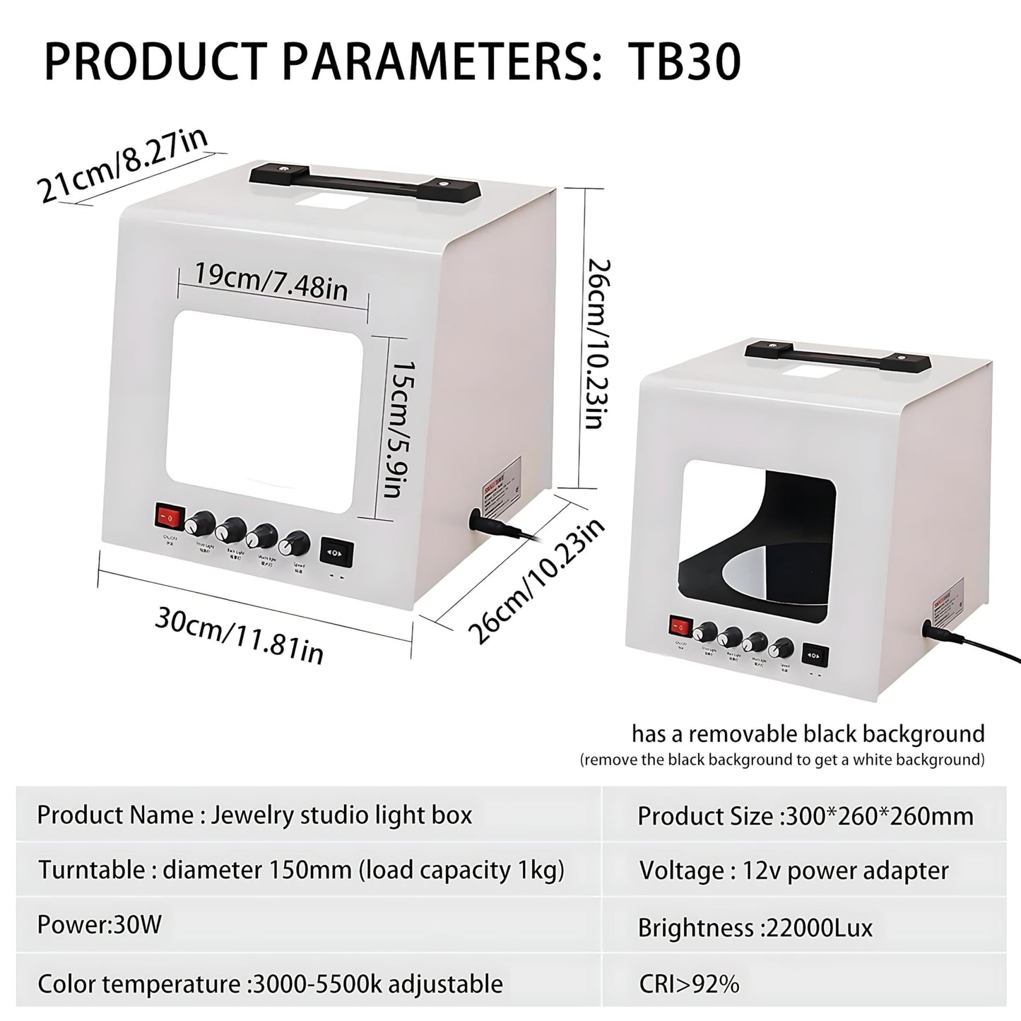 QIUNAOZI Adjustable Turntable Premium Photo Studio, Professional Jewelry Photography Light Box Kit, Hanging Bracket, 4pcs Fill Lights, Adjustable Brightness, for Jewelry, Small Items White-TB30