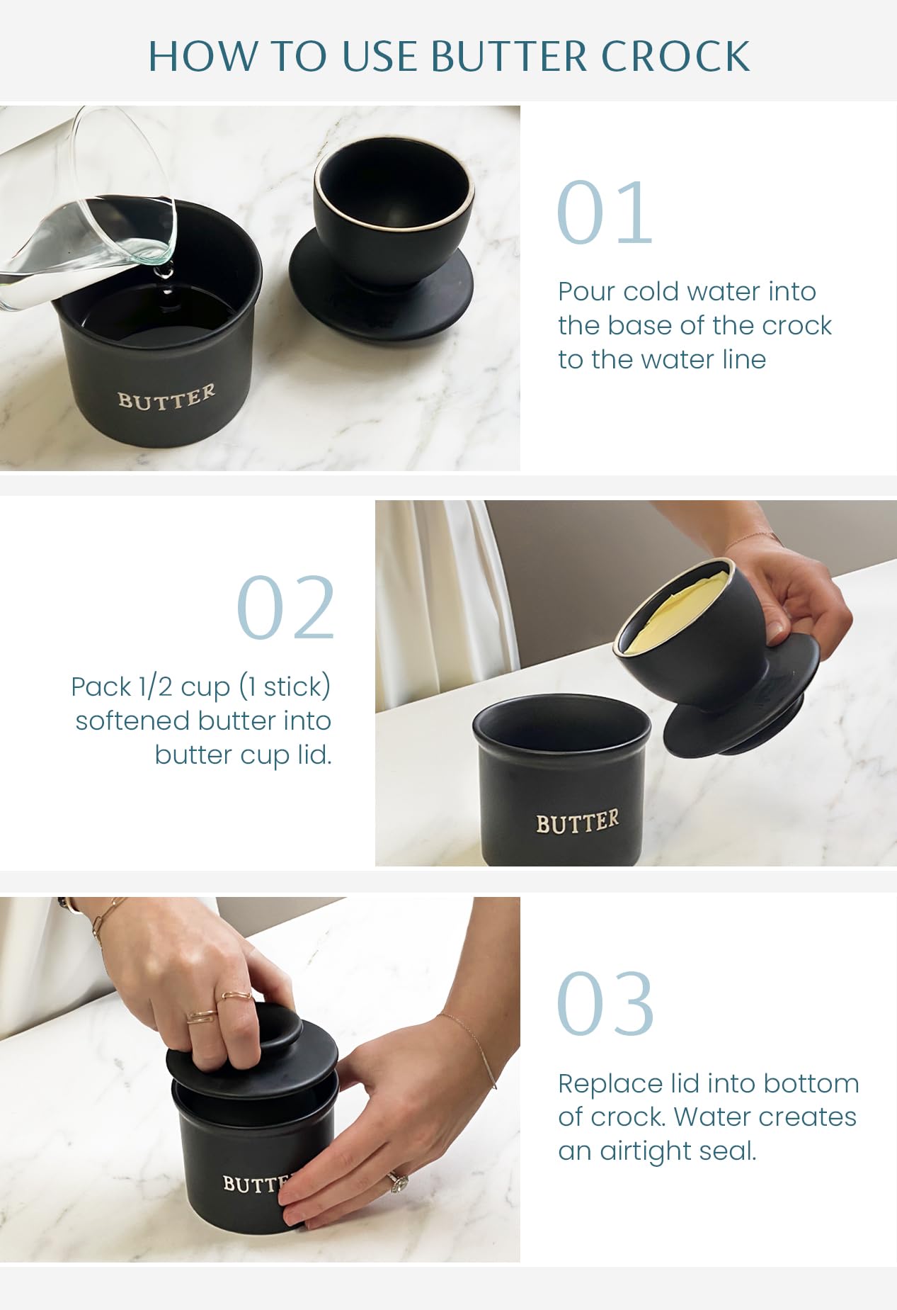 Kook Butter Crock with Lid, Soft Spreadable Butter, Ceramic French Butter Keeper to Leave On Counter with Water Line, Butter Dish, Home and Kitchen Decor, Perfect for Christmas Gift (Black)
