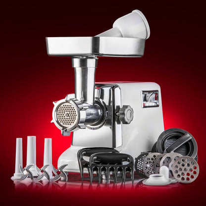 STX International Turboforce 3000 Series 5-in-1 Electric Meat Grinder | 3000W Max | 3-Speed | Size #12 | 5 Grinding Plates | 3 Stainless Steel Blades | Sausage Stuffer | Kubbe Maker & More Included