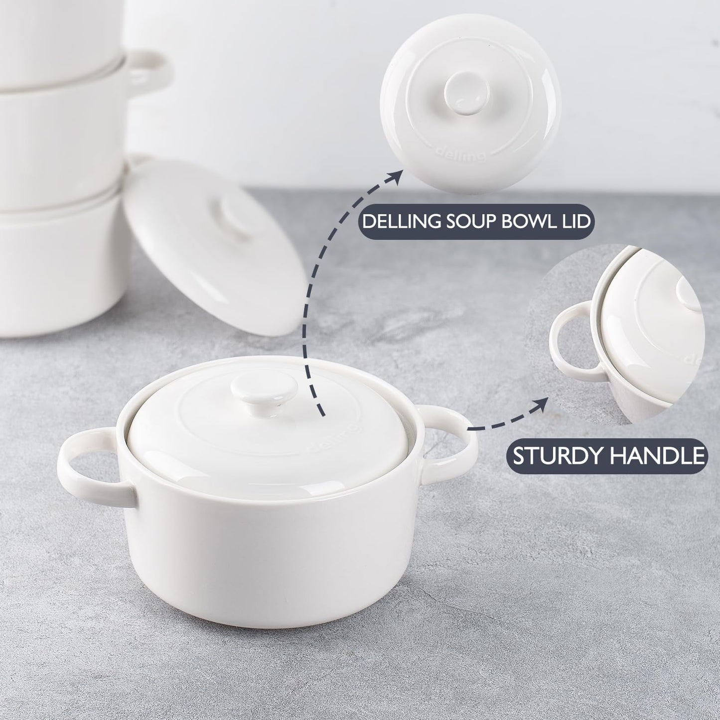 DELLING 28 Oz Soup Bowls with Handles and Lids Set of 4, Ceramic French Onion Soup Crocks Oven Safe - Large Soup Mugs for Chili Beef Stew Cereal Pot Pie, Microwave Safe, White