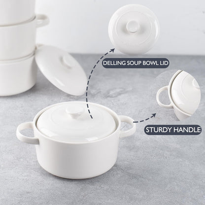 DELLING 28 Oz Soup Bowls with Handles and Lids Set of 4, Ceramic French Onion Soup Crocks Oven Safe - Large Soup Mugs for Chili Beef Stew Cereal Pot Pie, Microwave Safe, White