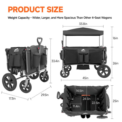 MAIZOA 4 Seater Foldable Wagon Stroller & Cargo,with 5-Point Harnesses,Adjustable Push/Pull Handle, Removable Sun Canopy, One-Step Locking Design, Suitable for Family Travel, 4 Children Ride, Gift
