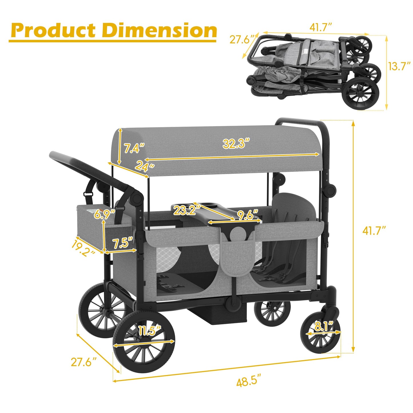 Xilingol 4-Seater Wagon Stroller for Kids, Foldable Outdoor Wagon with Canopy, Adjustable Handle, 5-Point Harness, Detachable Tray & Carry Bag (Grey)