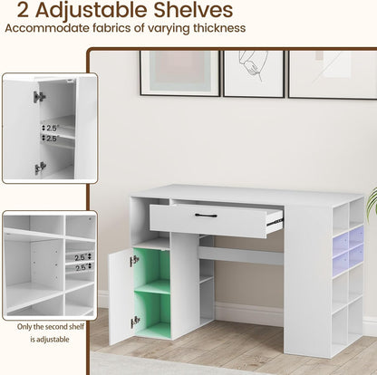 LDAILY Sewing Machine Table, Sewing Desk with Storage, Drafting Writing Sewing Station with Storage Cubes,1 Cabinet, 1 Drawer, 2 Adjustable Shelves, Artwork Craft Table for Home Office, White