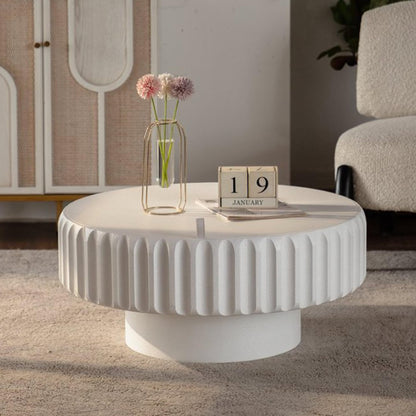 GDFStudio 30.51" Round Fluted Coffee Table with Lift-Off Lid, Modern Wood MDF Small Round Coffee Tea Side Table with Storage, Pedestal Circle Center Table for Living Room Bedroom Office, Cream White