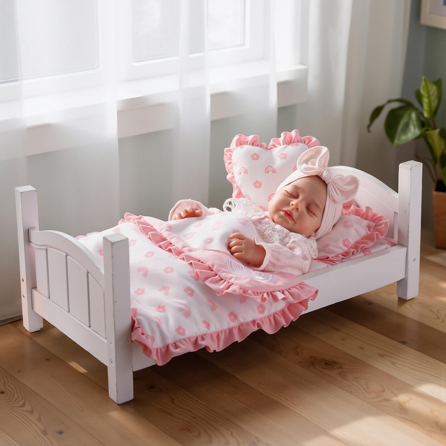 BABESIDE 4 Pcs Baby Doll Bedding Set for 17-22 Inch Babydolls, Babydoll Bed Accessories Dolls Blankets with Pillows for Reborn Baby Doll Accessories, Pink Flower & Rainbow Patterns
