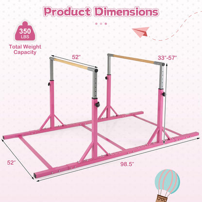 Goplus Double Horizontal Bars, Junior Gymnastic Parallel Bars with 13-Level 33"-57" Adjustable Heights & 6-Level Adjustable Width, 350 LBS Capacity for Indoor Outdoor Training (Pink)