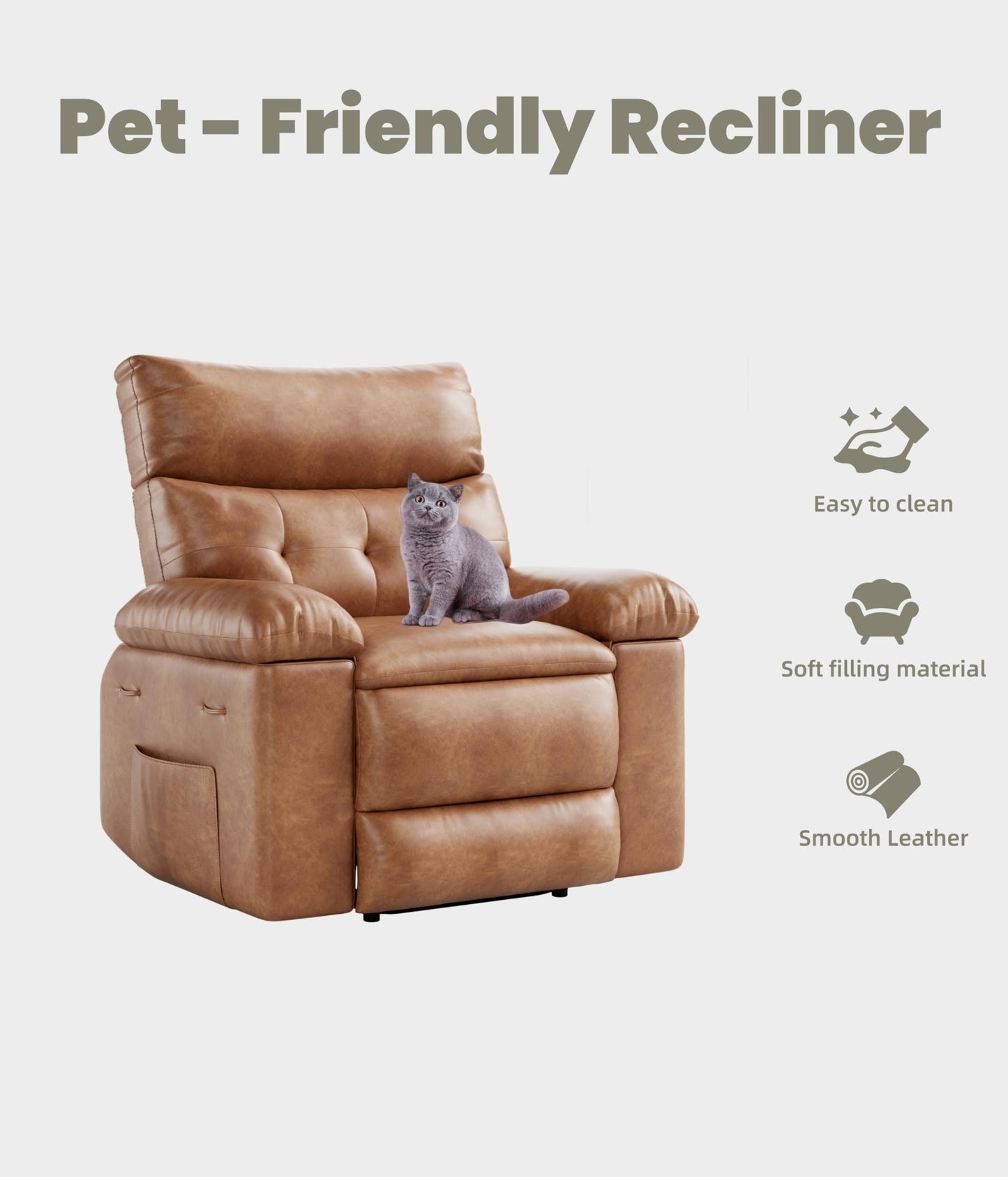 Garvee Oversized Recliner Chair - PU Leather Manual Recliner for Adults, Comfy Reclining Chair with Overstuffed Arms and Back, Side Pocket, Single Sofa for Living Room, Bedroom