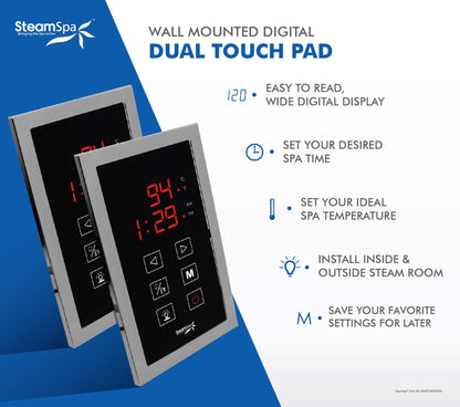 SteamSpa 9kW Steam Sauna Generator Executive Bundle 240V Steam Generator with Touch Pad, Steamheads, Pressure Relief Valve, Built-in Auto Drain, LED Light, Filter and Quick Install Kit EXT900CH-A