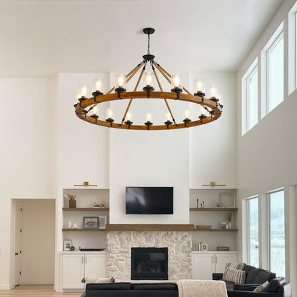FOVICY 60-Inch Wood Wagon Wheel Chandelier with Bubble Glass Shade, 18-Light Extra Large Farmhouse Chandelier, Rustic Light Fixture for Dining Room High Ceilings Entryway