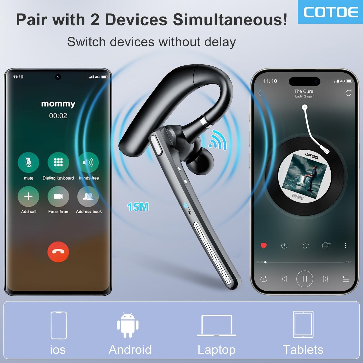 COTOE Bluetooth Headset V5.3, Wireless Earpiece with 500mAh Charging Case 72Hrs Talking Time Hand-Free Headphones with Noise Canceling Mic for Office/Driving/Business,Black