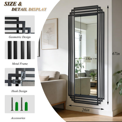 DAOYIJIAJU Geometric Full Length Mirror, 67"x26" Large Rectangle Aesthetic Mirror with Metal Frame, Art Deco Wall Mirrors for Living Room Entryway Hallway Cloakroom, Horizontal or Vertical Hanging