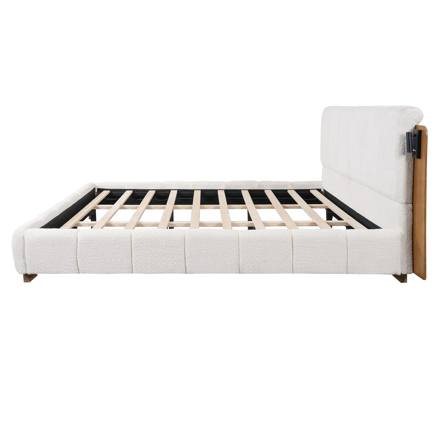 Christopher Knight Home Dora Boucle Upholstered King Bed Frame and Headboard, King Platform Bed and Reading Light, Wooden King Size Bed Frame with Tufted Design, No Box Spring Needed, White + Brown