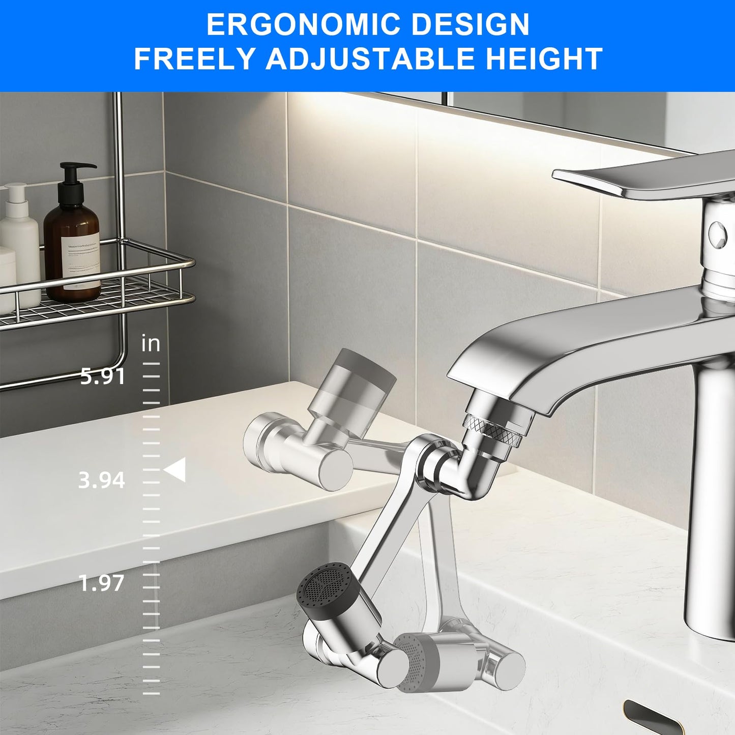 1080° Swivel Faucet Extender, Chrome Finish Sink Aerator with Universal Robotic Arm, Multi-Directional Spray Attachment for Kitchen and Bathroom