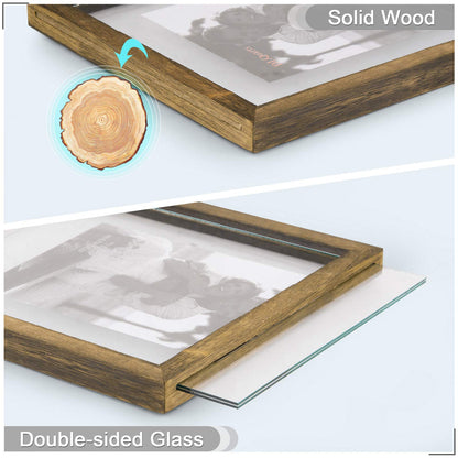 DLQuarts 11x14 Floating Photo Picture Frame, Floating Display for Photos 8x10, 7x9, 5x7, 8.5x11 Certificate, or Full Display for 11x14 Photos, Solid Wood, Double Glass, 2 Pack, Carbonized Brown