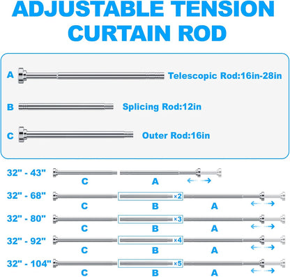 TEECK Adjustable Shower Curtain Rod - 32-80 Inch, Rust-Resistant, No Drilling, Easy to Use - Silver