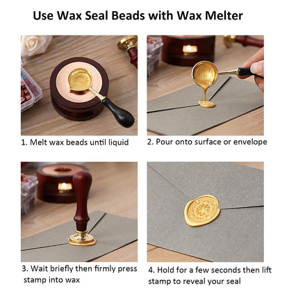 Andotopee Wax Seal Beads Kit - 300pcs Antique Gold Sealing Wax Beads with Wood Melting Warmer, Spoon & 10 Mini Candles for Stamp Seals, Wedding Invitation, Envelope, Cards, Gift Wrapping Decorations