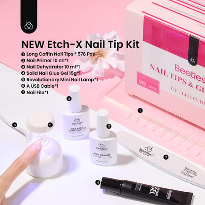 Beetles Gel Nail Extension Kit Almond Shape, Easy 9 in 1 Glue Uv Led Set Etch X Nail Tips Short Almond Half Matte Tips, Gift for Women & Girls, 504 pcs