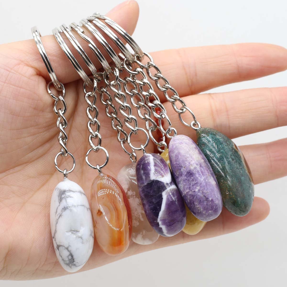 QSLLER 15pcs Irregular Keychain Natural Rose Quartz Opal Agate Stone Pendant MakingDIYJewelry Handbag Purse Household Charm Gift Ornament
