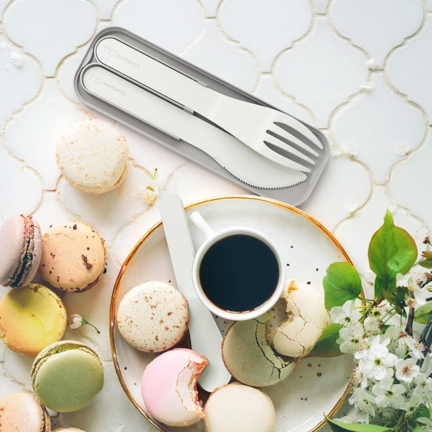 MONBENTO Cutlery Set for Lunch Box MB Pocket Natural, 3 Pieces Fork Knife Spoon, Biodegradable Plastic, Cream