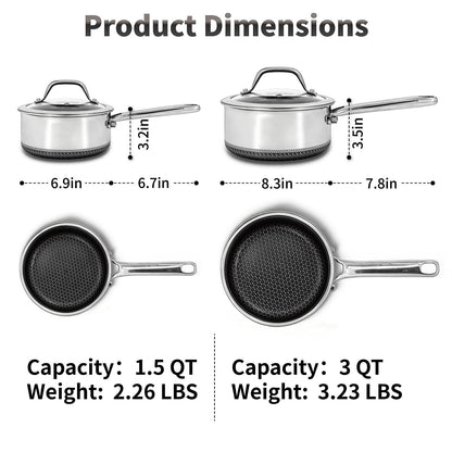 Bakoniion Hybrid Nonstick Saucepan Set of 2 with Lids 1.5 QT and 3 QT, Stainless Steel Honeycomb Pans with Side Pour Spouts,Compatible with All Cooktops,Dishwasher and Oven Safe