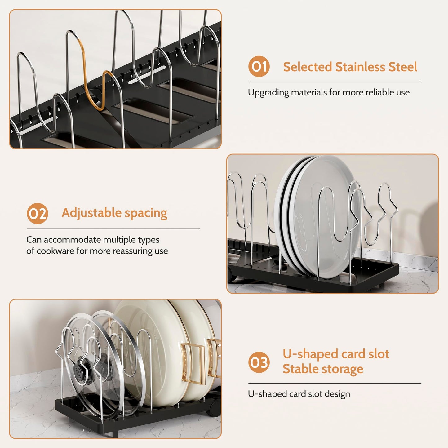 CEHNCEH Foldable Pots and Pans Organizer Under Cabinet 28.5" L x 9.1" W x 9.9" H Expanded, Folds Flat Adjustable 8-Tier Stainless Steel Dividers Kitchen Cabinet Cookware Baking Frying Rack (Black)