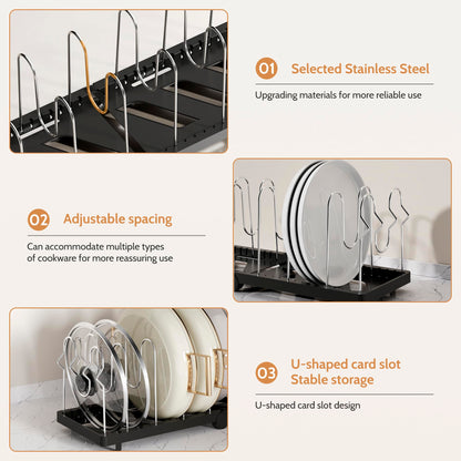 CEHNCEH Foldable Pots and Pans Organizer Under Cabinet 28.5" L x 9.1" W x 9.9" H Expanded, Folds Flat Adjustable 8-Tier Stainless Steel Dividers Kitchen Cabinet Cookware Baking Frying Rack (Black)