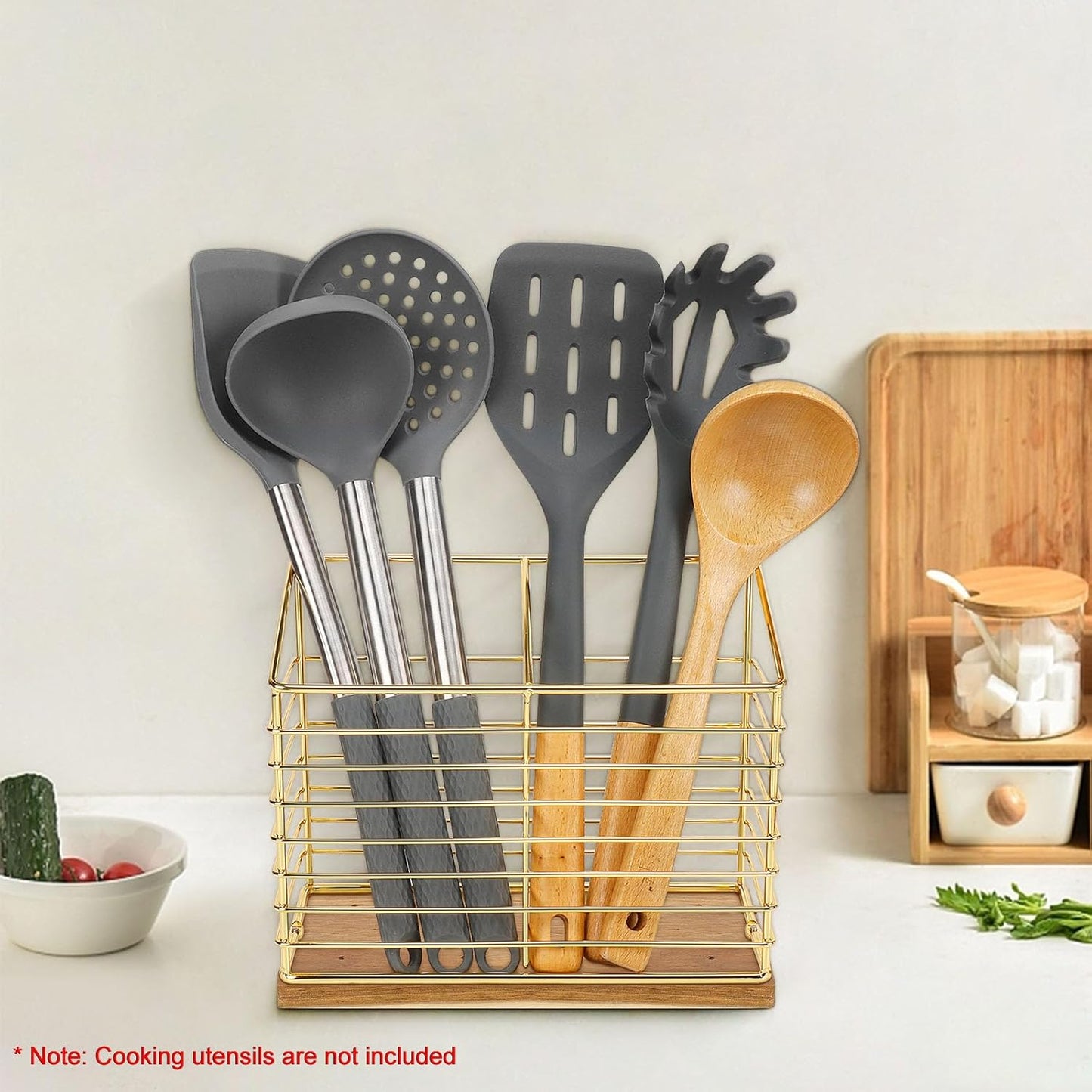 Metal Utensil Holder Rack for Kitchen Counter, Cooking Tools Storage Organizer with Sturdy Base and Drainage Hole (Gold