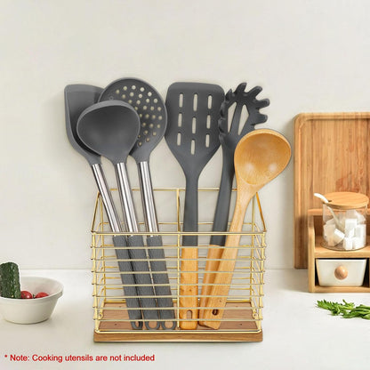 Metal Utensil Holder Rack for Kitchen Counter, Cooking Tools Storage Organizer with Sturdy Base and Drainage Hole (Gold