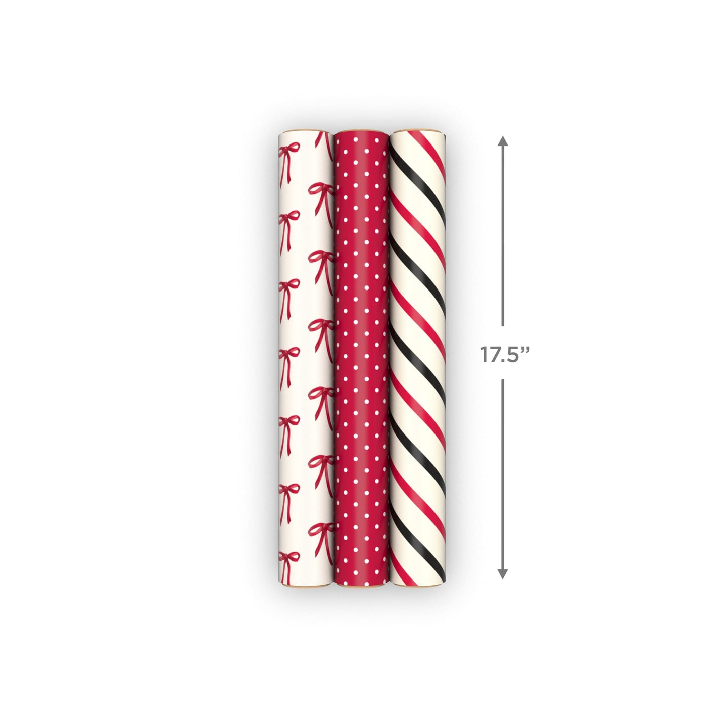 Hallmark Red and Black Wrapping Paper Mini Rolls, 3-Pack (Bows, Diagonal Stripes, Polka Dots) for Valentine's Day, Birthdays, Mother's Day, Bridal Showers - 45 Sq. Ft. Total