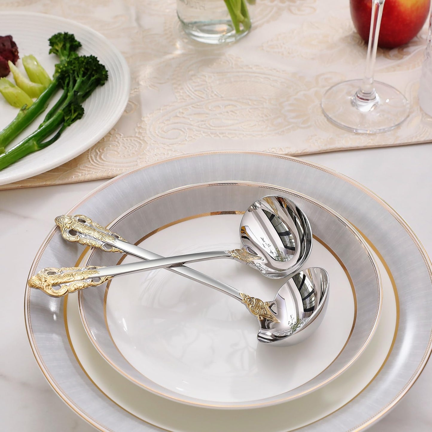 KEAWELL Premium 7.5 inch Luxury Gravy Ladle, 18/10 Stainless Steel, Small Gravy Spoon for Home. Solid and Sturdy, Dishwasher Safe. (2, Gold Accent)